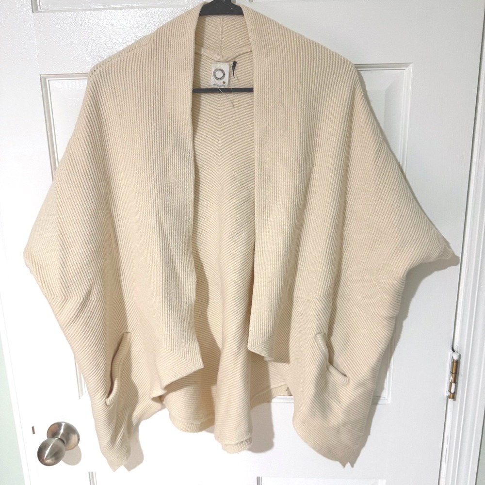 Akemi + Kin Cream Ribbed Open Front Draped Cardigan Wrap Sweater Pockets Pocho